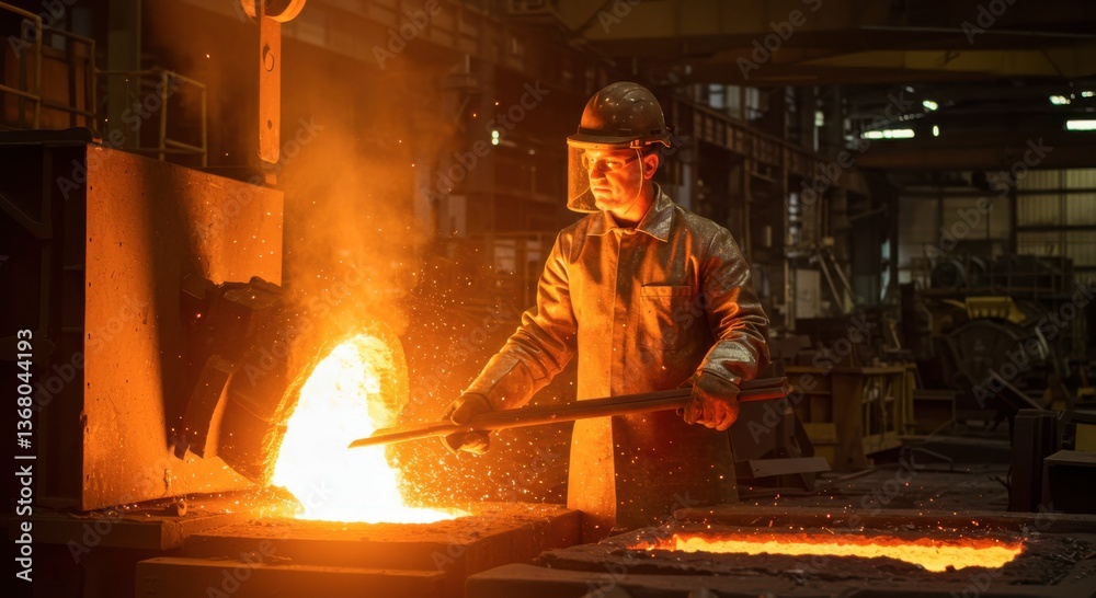 Fototapeta premium Steelworker Pouring Molten Metal in a Foundry