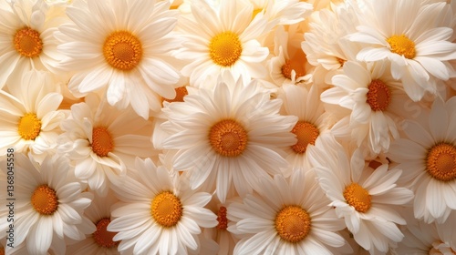 A stunning close-up of a cluster of white daisies in full bloom, showcasing their delicate petals and vibrant yellow centers, celebrating the beauty of nature and its elegant simplicity.