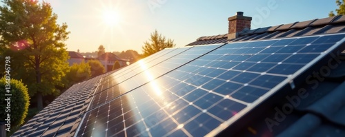 Solar panels on suburban rooftop during sunny day, alternative energy, eco-friendly, sustainability