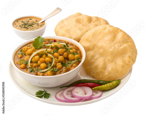 Chole bhature is a North Indian food dish. A combination of chana masala and bhatura or puri on white background