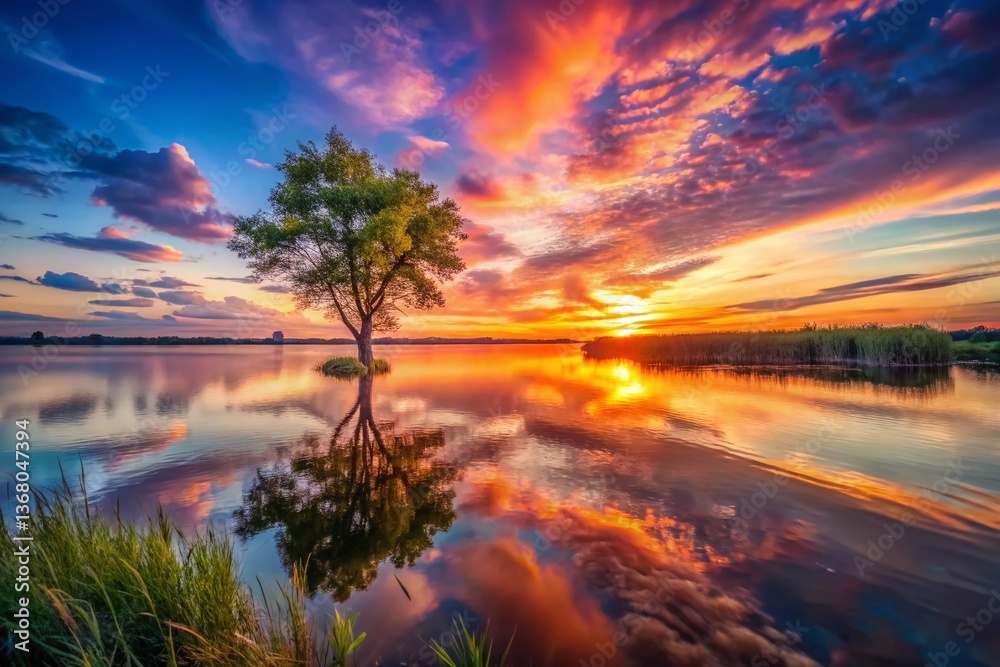 Fototapeta premium Serene Sunset Lake: Lone Tree Silhouette Macro Photography Peaceful Nature Landscape