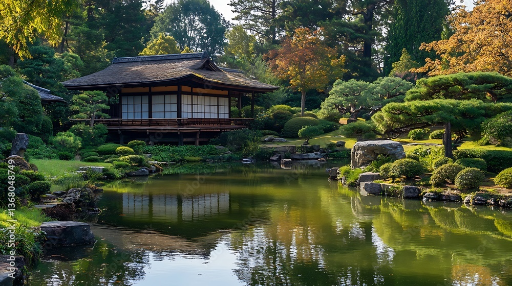 Serene Japanese Garden with Pavilion and Pond Reflection Serene Japanese Garden with Pavilion and Pond Reflection