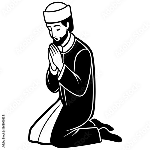 A silhouette of a Muslim man with closed eyes, praying in deep faith 
