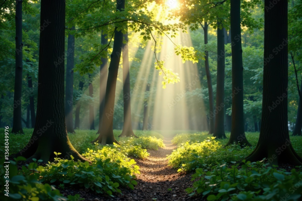 Fototapeta premium Sunbeams pierce dense foliage, creating dappled light on forest floor , peaceful, scenic