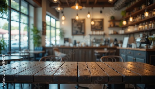A rustic wooden table sits in the foreground of a blurred trendy coffee shop interior with exposed beams, pendant lights, and a long bar showcasing various drinks and coffee