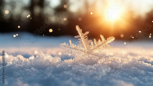 A radiant snowflake glowing softly against a snowy backdrop at sunset, highlighting the intricate details and fleeting beauty of nature's winter creation.