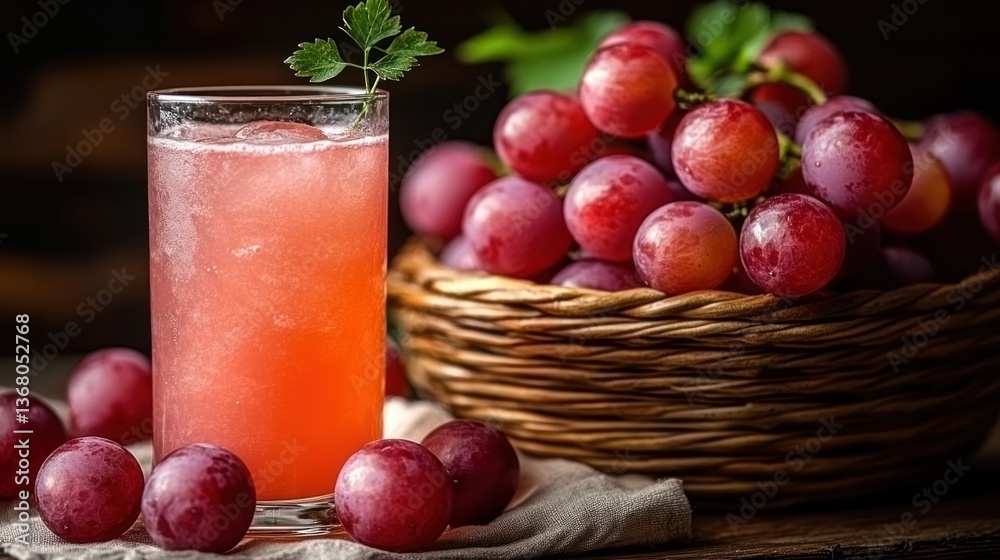 Refreshing red grape juice in a glass beside a basket of ripe red grapes Refreshing red grape juice in a glass beside a basket of ripe red grapes
