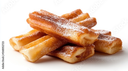 A tempting stack of crispy churros, freshly fried and generously sprinkled with powdered sugar, showcasing their irresistible golden-brown texture and appeal.