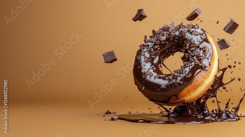 A delicious chocolate donut with a rich chocolate glaze is portrayed dramatically amidst a splash, embodying indulgence, temptation, and a love for sweets.
