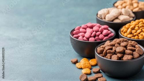 A stylish display of vibrant bowls filled with an assortment of healthy pet treats, showcasing exciting flavors and shapes that pets will love at treat time.