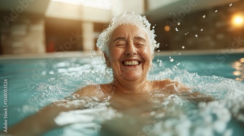 A joyful elderly woman splashes water while happily swimming in a pool, radiating positivity and enjoying life’s simple pleasures amid bubbles and sunlight.