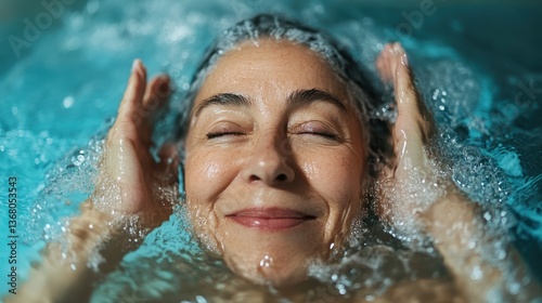 A content older woman gracefully splashes water, enjoying a moment of blissfulness and calmness with soft bubbles surrounding her in a soothing pool.