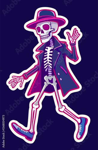 Funny walking skeleton in fedora hat, jacket and sneakers. Vector sticker isolated on dark background