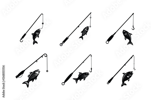 fishing rod caught fish vector art silhouette