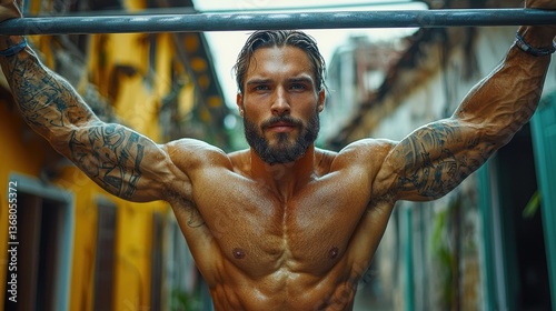 Man showcasing intense calisthenics skills on parallel bars in vibrant urban environment during daylight