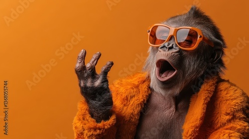 A playful monkey wearing orange sunglasses and a vibrant fur coat, striking an expressive pose against a bright orange background, evoking joy and energy.