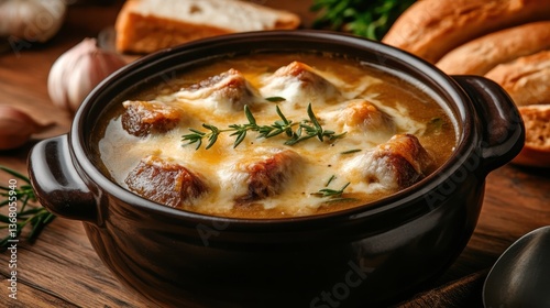A comforting bowl of hearty beef soup featuring tender pieces of meat and topped with melted cheese, served alongside crusty bread for a satisfying culinary experience.