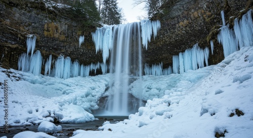 Frozen waterfall surrounded by icy terrain and snow-covered ground in a serene forest