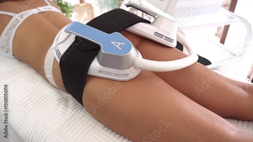 Body contouring and sculpting. Hardware cosmetology. Ultrasound cavitation body contouring treatment, anti-cellulite and anti-fat therapy in beauty salon. Modern beauty treatments concept.