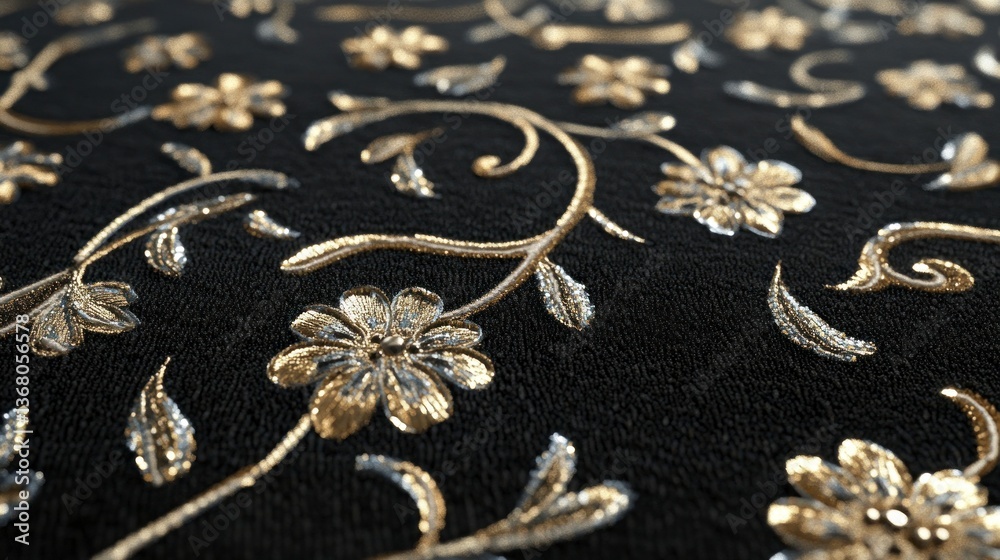 Naklejka premium Gold floral embroidery on black textile close-up