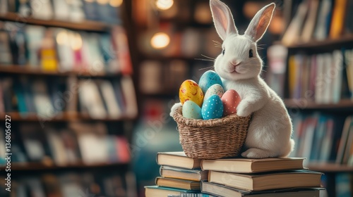 Obraz na płótnie Easter bunny with eggs sitting on a stack of books in a bookstore, spring offer of the store w salonie