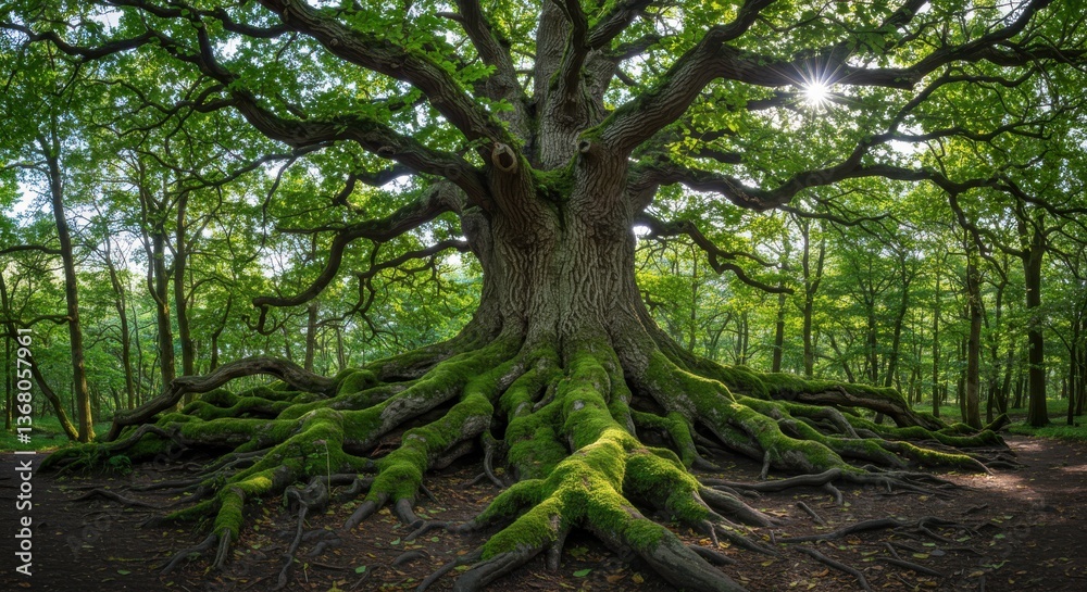 Obraz premium Majestic ancient tree with sprawling roots and vibrant green foliage in serene forest