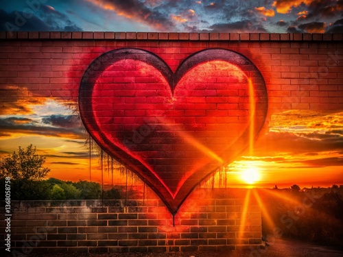 Silhouette of a Heart Spray Painted in Red Against a Sunset