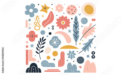 Floral Pattern Assortment: A curated collection of whimsical floral patterns in a variety of shapes and pastel colors, evoking a sense of playfulness and natural beauty.