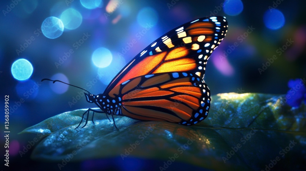 Fototapeta premium Glowing Monarch Butterfly on Leaf at Night