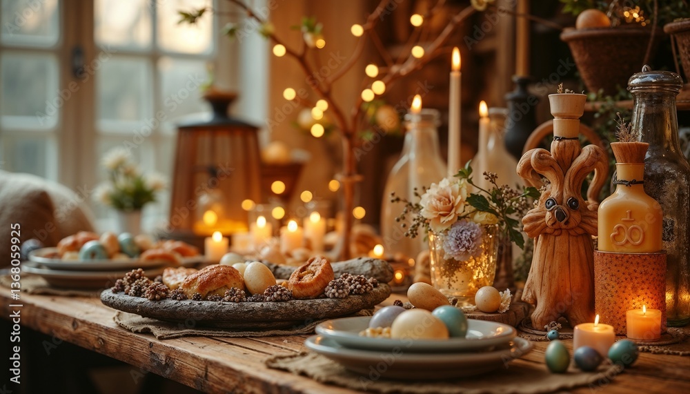 Naklejka premium Easter festive table setting with decorated eggs, pastries, and candles, warm and cozy ambiance