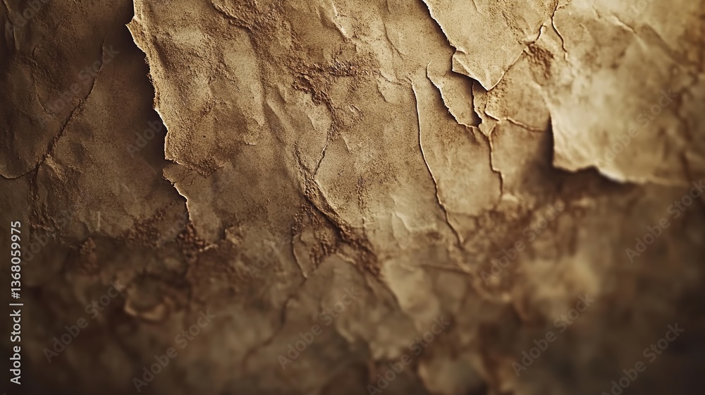 Close up of a cracked and textured surface with brown and beige tones and rough edges and shadows Close up of a cracked and textured surface with brown and beige tones and rough edges and shadows