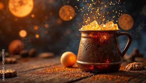 Rustic mug filled with sparkling drink and ice, with cosmic background and glowing elements
