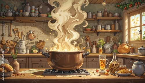 Cooking in a cozy kitchen with a festive atmosphere, steam rising from a pot, Easter concept