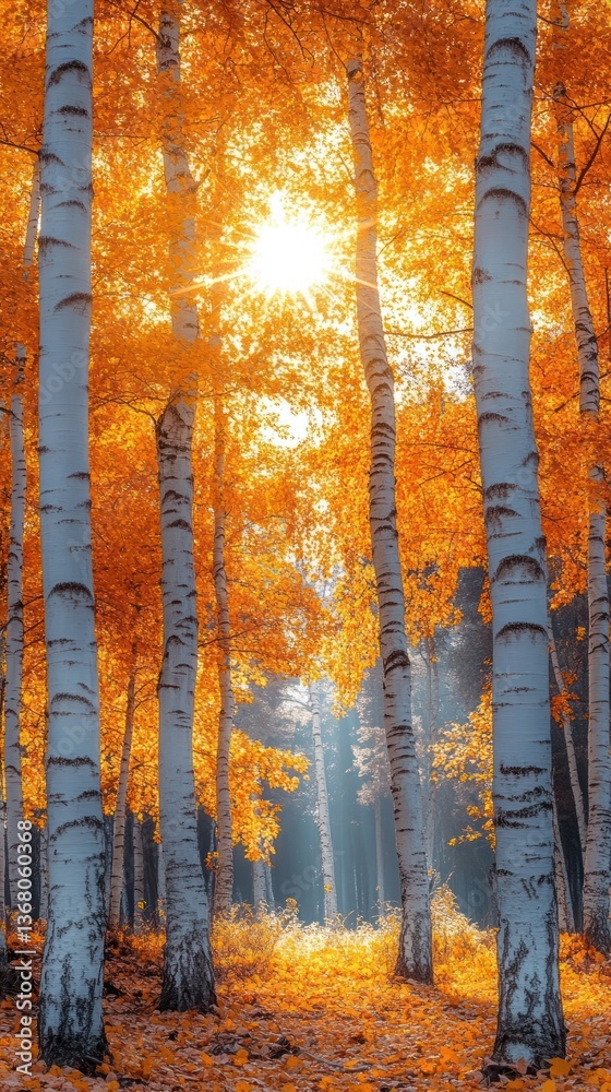 Fototapeta premium Sunlit autumn forest with vibrant orange leaves and slender birch trees