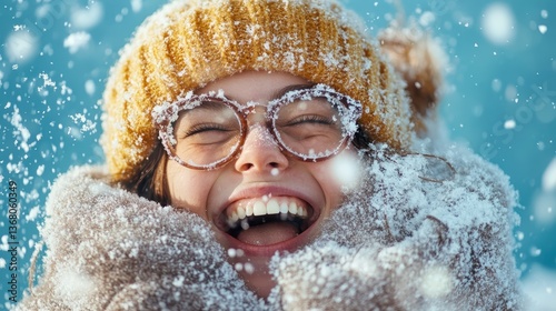 A young woman bursts with joy while surrounded by falling snowflakes, showcasing the happiness and excitement of a winter day filled with laughter and warmth.