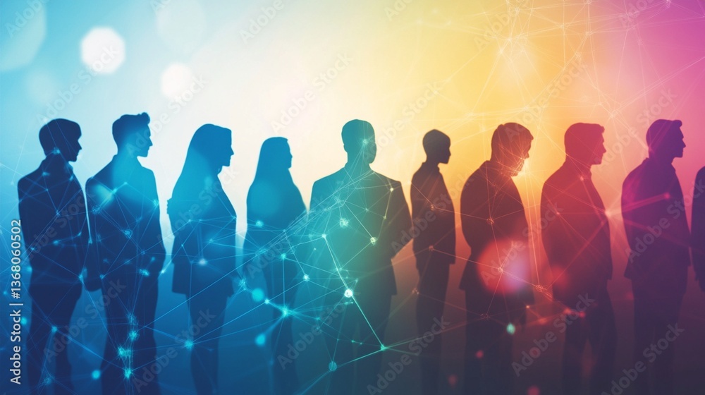 Diverse group of silhouetted professionals connected through digital network, symbolizing collaboration, innovation, and collective potential in modern workplace Diverse group of silhouetted professionals connected through digital network, symbolizing collaboration, innovation, and collective potential in modern workplace