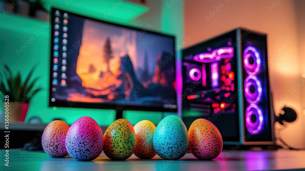 Easter eggs next to a gaming computer set in neon light, spring offer of the store for computer equipment and accessories