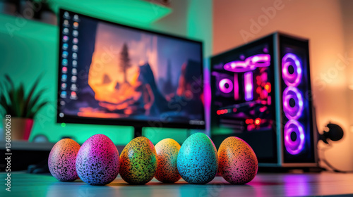 Obraz na płótnie Easter eggs next to a gaming computer set in neon light, spring offer of the store for computer equipment and accessories w salonie