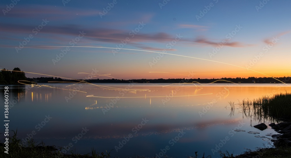 Serene sunset over a tranquil lake with light trails from passing boats
