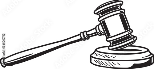 A vector illustration of a white metal gavel and pen, symbolizing justice and law, designed in steel with an auction and judge theme