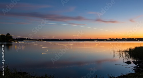 Serene sunset over a tranquil lake with light trails from passing boats