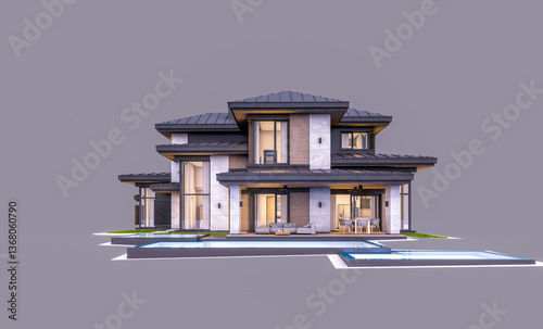 3d rendering of modern two story house with gray and wood accents, large windows, parking. In the evening Isolated on gray