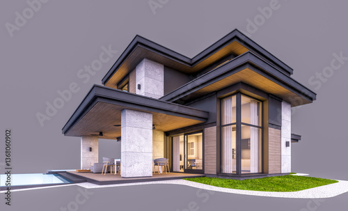 3d rendering of modern two story house with gray and wood accents, large windows, parking. In the evening Isolated on gray