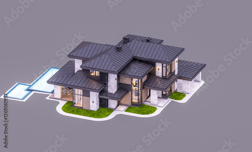 3d rendering of modern two story house with gray and wood accents, large windows, parking. In the evening Isolated on gray