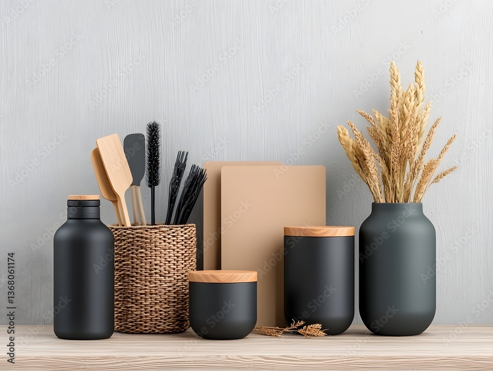 Organized and minimalist Scandinavian inspired still life composition featuring an assortment of versatile cardboard wicker