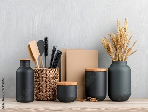 Obraz na płótnie Organized and minimalist Scandinavian inspired still life composition featuring an assortment of versatile cardboard wicker w salonie