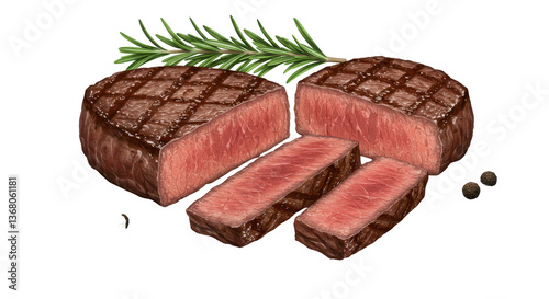 Isolated Sliced Grilled Steak with Rosemary