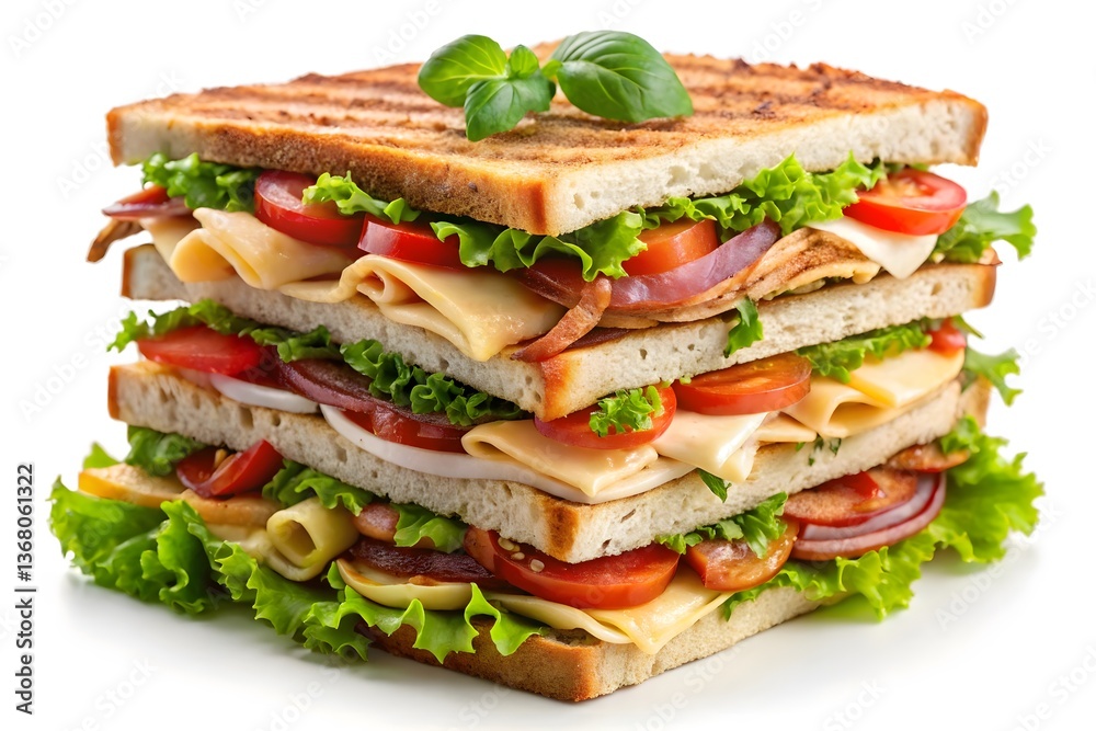 Fresh ham and cheese sandwich with vegetables on toasted bread Fresh ham and cheese sandwich with vegetables on toasted bread