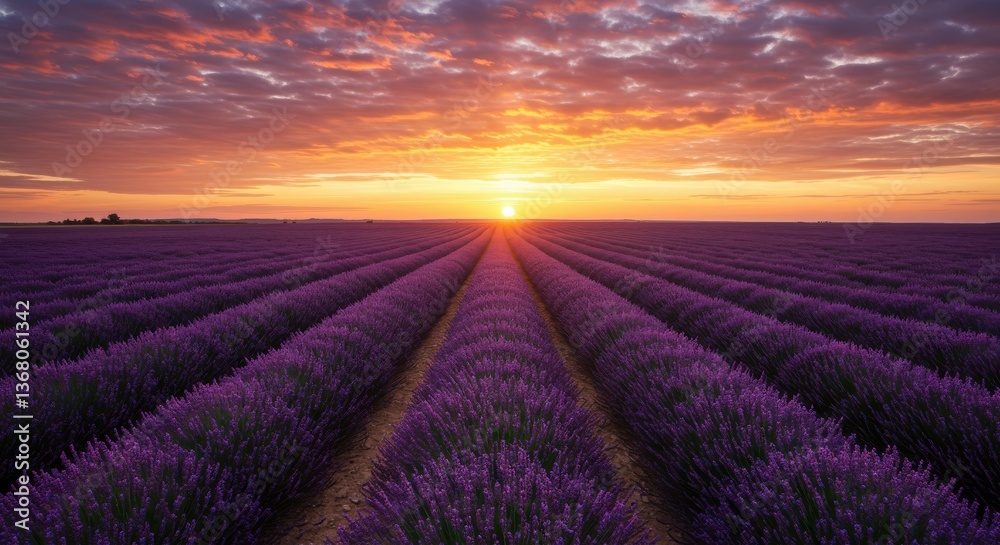 Obraz premium Serene sunset over vibrant lavender fields, showcasing nature's beauty and tranquility