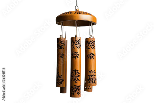 Elegant bamboo wind chimes with intricate floral carvings hanging serenely, creating a peaceful ambiance with a rich, warm brown tone.